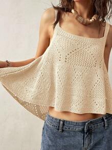 Bohemela Women's Solid Color Wide Strap Hollow Out Casual Knitted Top, Resort Wear - Apricot - View 3
