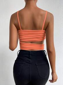 Allurite 女士纯色镂空修身细肩带背心，夏季 - 珊瑚粉 - 查看 2