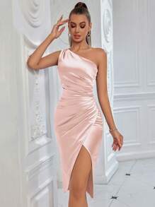 ADYCE Vestido de Coquetel com Decote Ombro Único, Cor Sólida, Detalhe Pregueado, Fenda na Frente, para Festa de Natal e Encontros