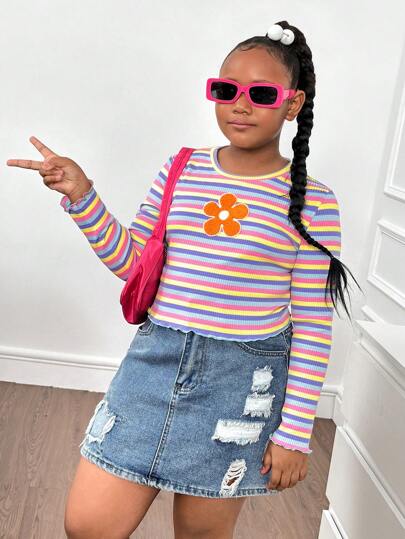 SHEIN Tween Girls Extended Size Casual Colorful Striped Floral Crewneck Long Sleeve Sweatshirt