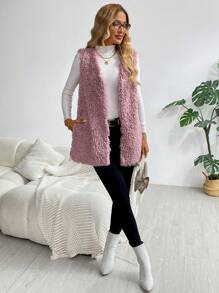 SHEIN LUNE Áo khoác vest không tay màu hồng mềm mại, phù hợp để mặc ngoài - Bụi hồng - Xem 5