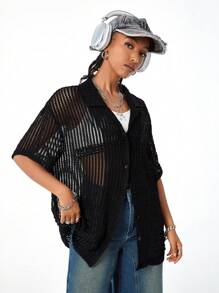 SHEIN EZwear 女式夏季休闲纹理面料短袖衬衫 - 黑色 - 查看 4