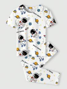 SHEIN Leap Crew Tween Boy Casual Simple Cartoon Astronaut Print Snug Fit Crew Neck Short Sleeve Top And Pants Loungewear Suitable For Summer