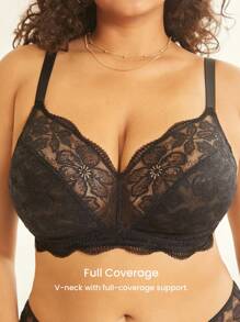 LUVLETTE Plus Black Sexy Lingerie Lounge Curve Full Coverage Unlined Lace Elegance Sheer Breezy Comfort Bralette Minimizer Bra - Black - View 5