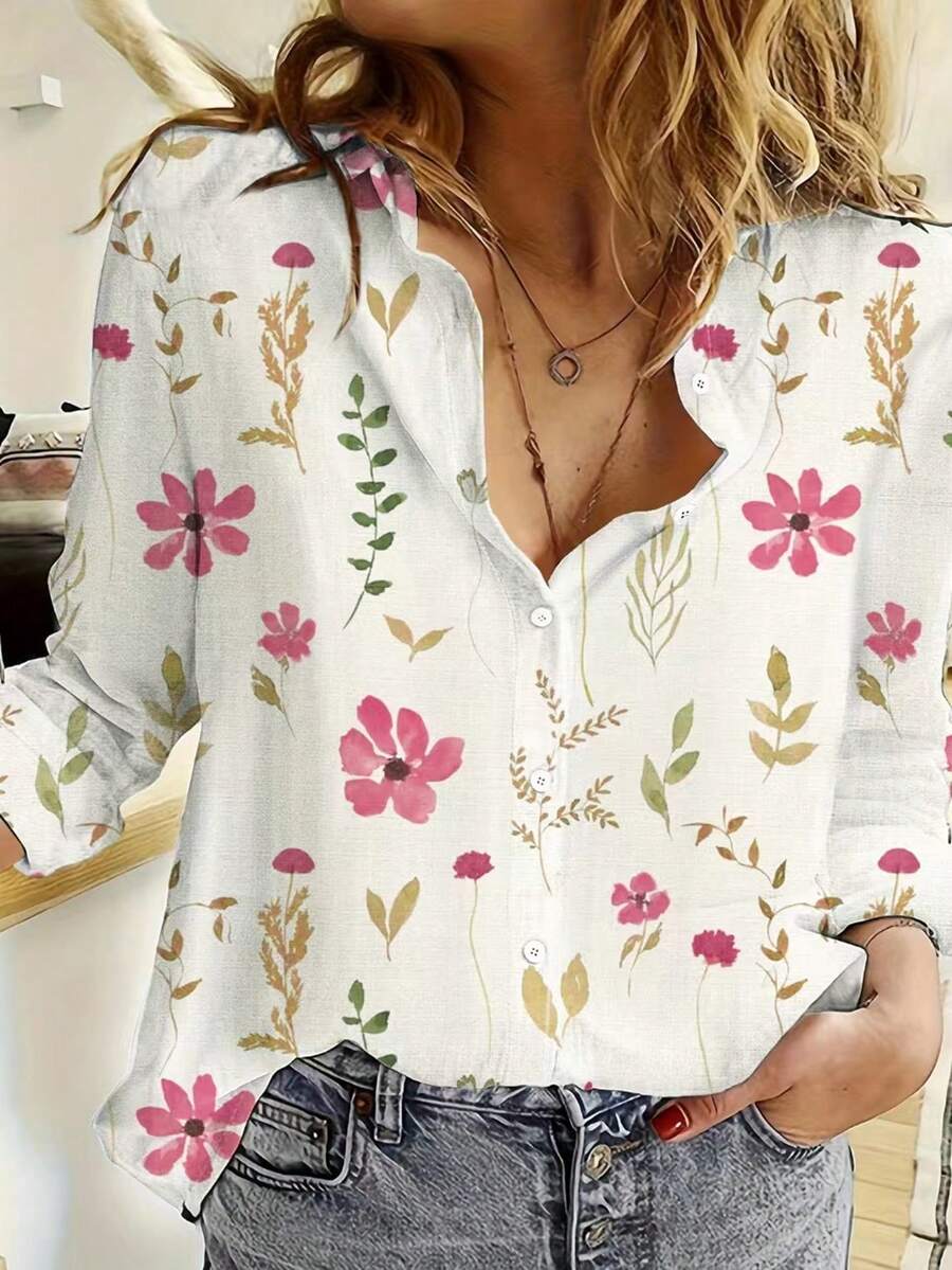 母亲节花卉印花度假衬衫，休闲纽扣长袖衬衫，女士粉色春季款 - 粉色 - 查看 1