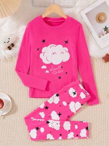 2pcs Tween Girls Cloud Print Casual Snug Fit Long Sleeve Top And Pants Pajamas Set