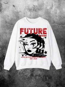 Coolane Women's Fall Streetwear Casual Hip-Hop Oversized Drop Shoulder Portrait Graphic Print Sweatshirt