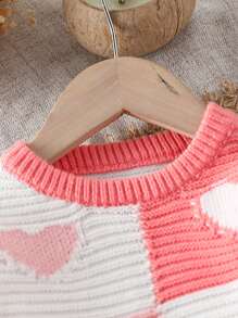 Baby Girls Crewneck Contrast Heart Textured Lantern Sleeve Sweater And Flared Pants 2Pcs Outfit Set, Fall, For Christmas - Pink - View 3