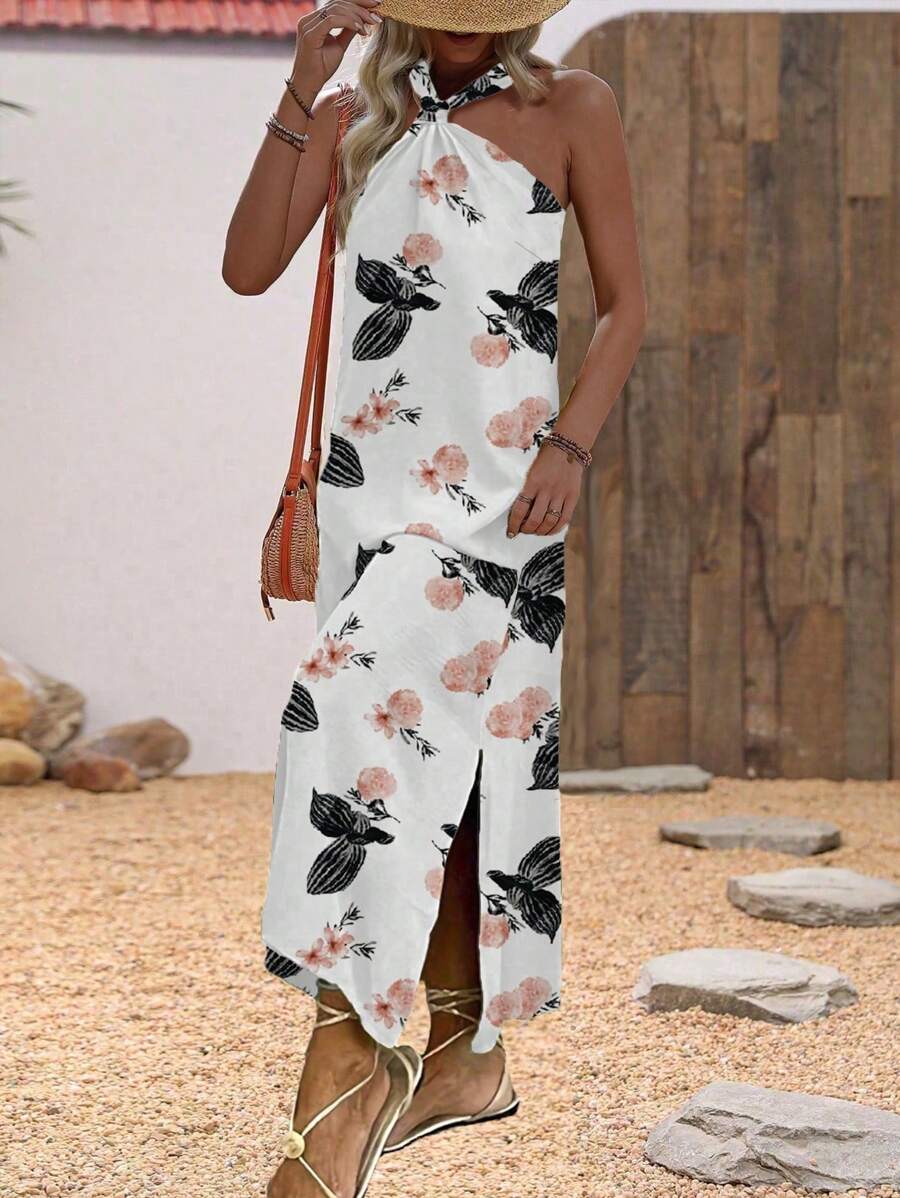 SHEIN Clasi 休閒印花露背連身裙，深V領吊帶設計側開叉無袖夏季裙裝