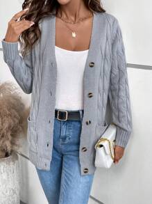 SHEIN LUNE Áo len dệt kim dây cáp màu trơn, rộng rãi và thoải mái - Xám - Xem 1