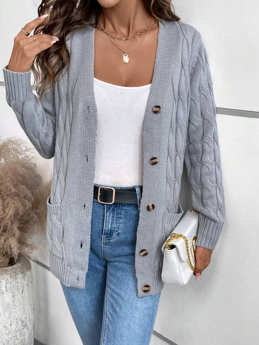 SHEIN LUNE Áo len dệt kim dây cáp màu trơn, rộng rãi và thoải mái - Xám - Xem 1