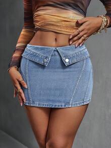 Slaydiva Váy denim đơn giản màu trơn viền gấp cho nữ - Rửa trung bình - Xem 5