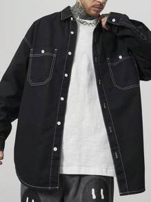GALLERY FADE 男式黑色水洗牛仔撞色修边宽松落肩宽松衬衫 - 黑色 - 查看 8