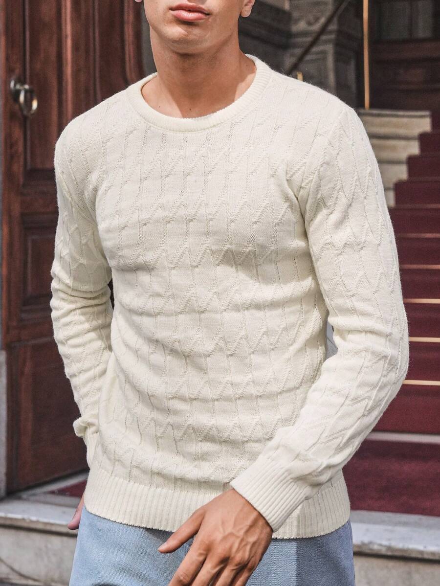 RueChic Áo len dệt kim hình học nam - trắng - Xem 1