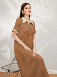 Al Najma 女式拼色马球领短袖连衣裙 - 棕色 - 查看 7
