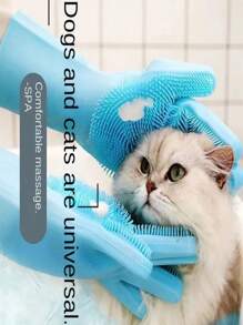 1 双加厚宠物美容手套，猫狗清洁手套带硅胶按摩刷，增强型五指设计 - 藍色 - 查看 2