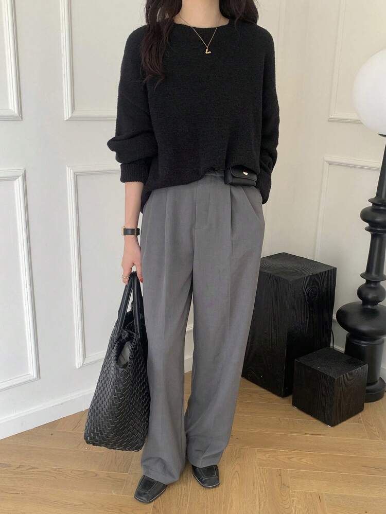 Women's Casual Loose Solid Color Drop Shoulder Sweater, Spring & Autumn,Long Sleeve Tops Old Money Style,Fall Women Clothes