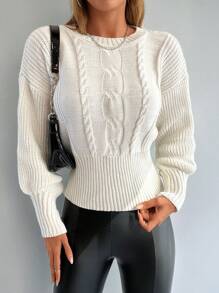 EURMUSE Cable Knit Drop Shoulder Sweater - trắng - Xem 5