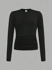 SHEIN 3pcs/Set Tween Girl Casual Ruched Waist Round Neck Short Fitted Long Sleeve T-Shirts, School, Campus, College Chic Outfits For Autumn/Winter - Multicolor - View 10