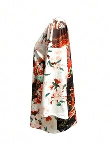 Women Floral Print Splicing Mid-Long Sleeve Kimono Jacket - Multicolor - View 5