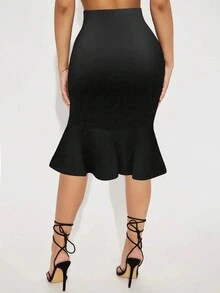 1pc Women Plain Color Ruched Hem Minimalist A-Line Skirt, For Casual Daily Wear - 黑色 - 查看 2