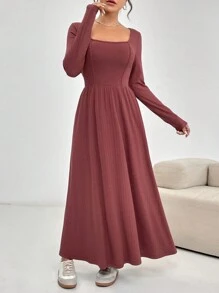 Modelyn Women's Solid Color Square Neck Long Sleeve Long Dress, Spring/Summer/Fall - Red - View 5