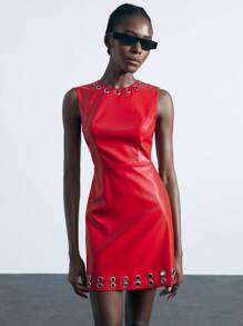 Maija PU Leather Eyelet Decor Sleeveless Round Neck Fashionable Red Short Dress For Women, Spring/Summer