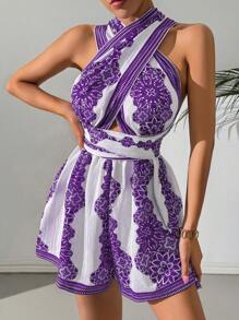 Chiquease Combinaison mode ajourée et imprimée tout-sur-tout pour femmes - Prune - Voir 4