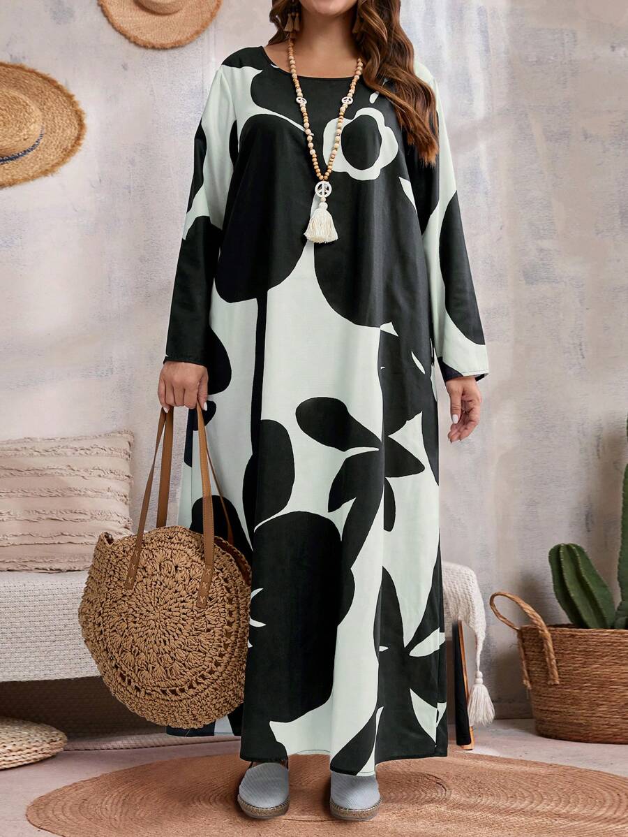 EMERY ROSE Vestido largo recto holgado de manga larga con cuello redondo y estampado floral para mujer talla grande, ropa de otoño - Multicolor - Ver 1