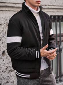 SHEIN Cottnline Men Stripe Detailed Regular Puffer Coat - Black - View 1