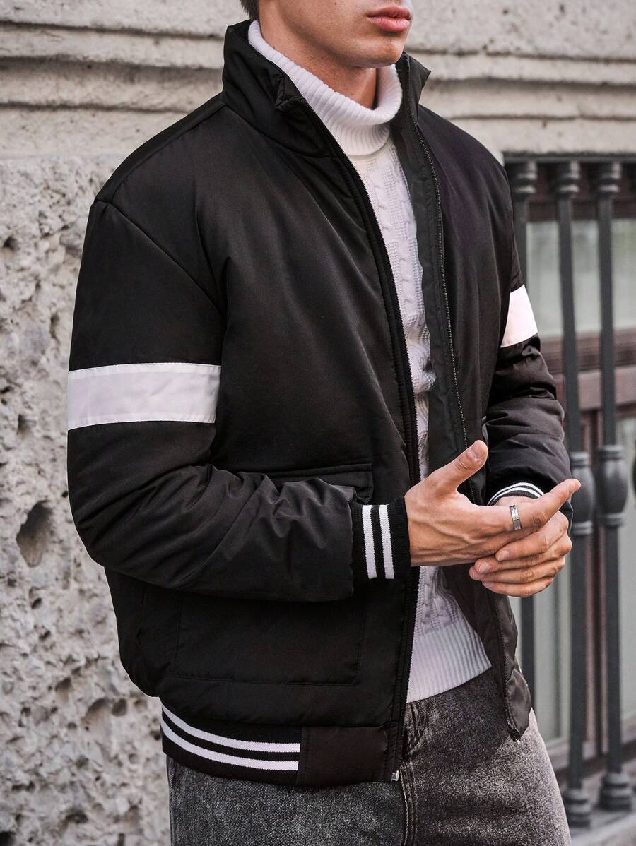 SHEIN Cottnline Men Stripe Detailed Regular Puffer Coat - Black - View 1