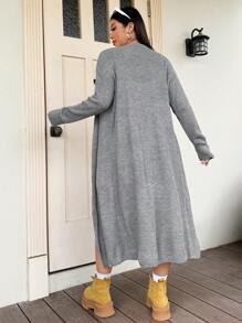 Flirla Plus Size Women Spring/Autumn Solid Color Drop Shoulder Long Sleeve Loose Long Cardigan - Grey - View 3