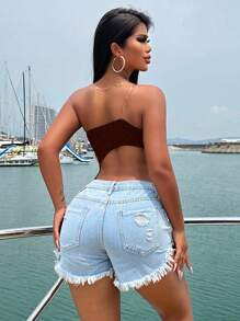 VaVaBold Solid Color Asymmetrical Neckline Sexy Sleeveless Waist Hollow Bodysuit