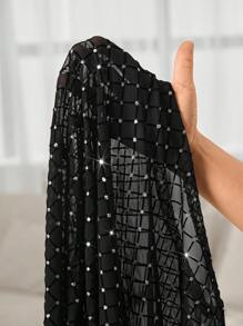 SHEIN Lady 女士植绒水钻网眼镂空长袖圆领落肩透明不透明衬衫 - 黑色 - 查看 6