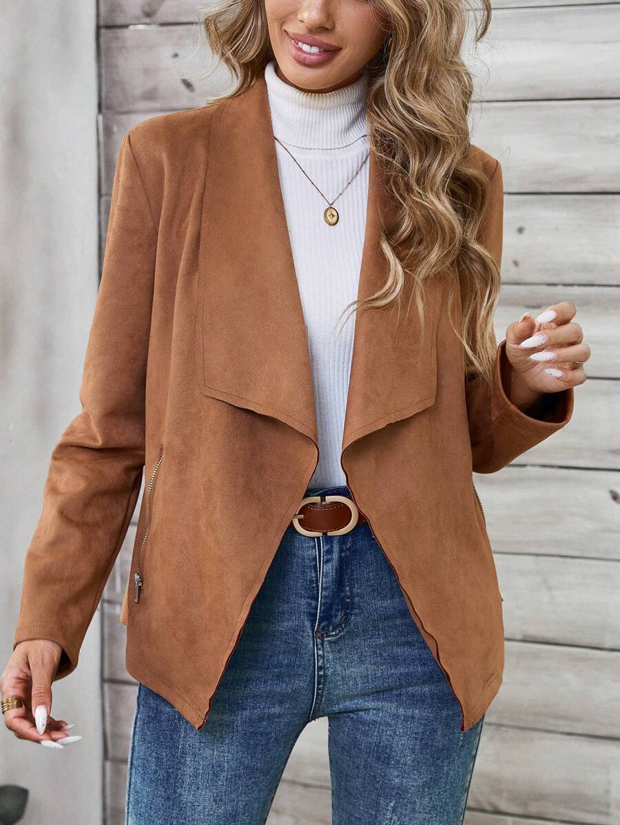 EMERY ROSE 女士纯色简约日常立领长袖夹克，秋装 - 卡其色 - 查看 1