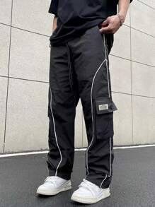 Claim Dot Men's Reflective Letter Patch Cargo Pants Baggy Long Slacks Plain Black Going Out, Men's Streetwear Cargo Pants, Cargo Pants