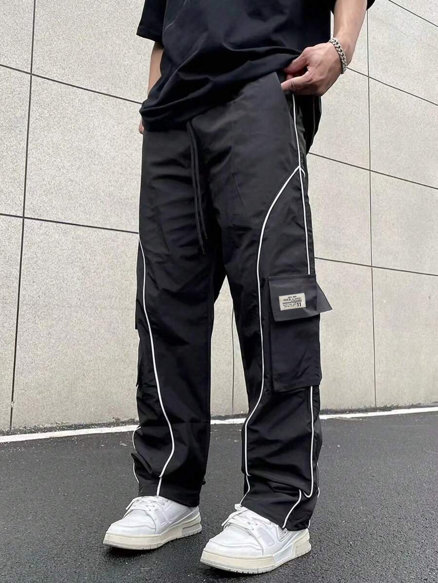 Claim Dot Men's Reflective Letter Patch Cargo Pants Baggy Long Slacks Plain Black Going Out, Men's Streetwear Cargo Pants, Cargo Pants