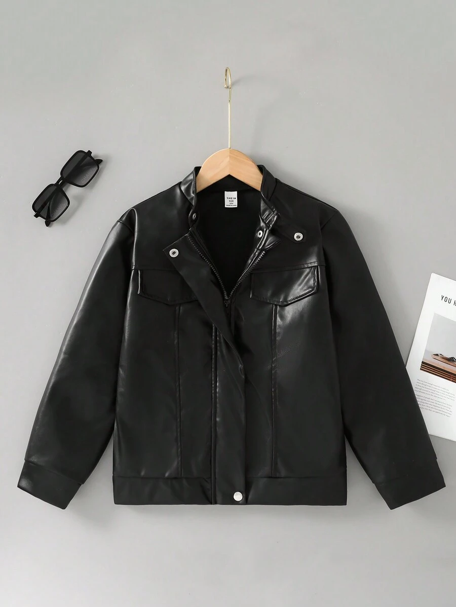 SHEIN 青少年男孩时尚 PU 皮夹克,秋冬款,适合万圣节派对 - 黑色 - 查看 1