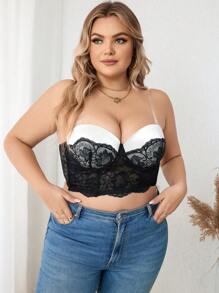 DesireSculpt Plus Size Contrast Lace Wire Bra, Sold Individually, Lingerie - Black and White - View 4