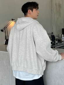 DAZY Men's Casual Letter Embroidered Zip-Up Hoodie, Autumn - Light Grey - View 2