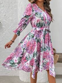 SHEIN LUNE V-Neck Print Half-Button-Up Ruffle Short Sleeve Belted Vacation Dress - Multicolor - View 6