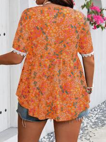 SHEIN MOOSTA Plus Size V-Neck Lace Trim Allover Print Fashionable Blouse - Orange - View 2