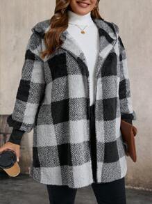 SHEIN LUNE Plus Size Women's Winter Drop Shoulder Long Sleeve Reversible Fleece Plaid Hooded Jacket - Black and White - View 8