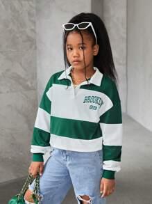 SHEIN NovaGlow Tween Girl Tween Girl Loose Casual Color Block Shirt Collar Letter Print Sweatshirt,In Fall/Winter