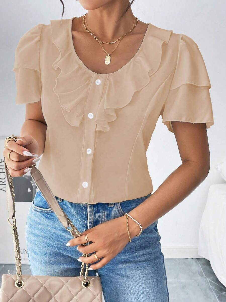 Chiquease Blusa casual con botones frontales, plisados y ribete de volantes de unicolor para mujer - Albaricoque - Ver 1
