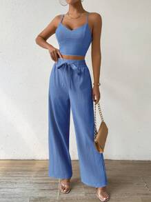 Breezaya Bộ đồ hai mảnh ngày lễ cho nữ Áo hai dây cúp ngực & Quần ống đứng lưng thun thắt nơ hở lưng - Màu xanh lam - Xem 4