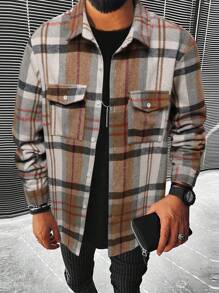 Manfinity EMRG Men's Button-Front Plaid Shirt With Long Sleeves And Pockets, Casual Everyday Wear
