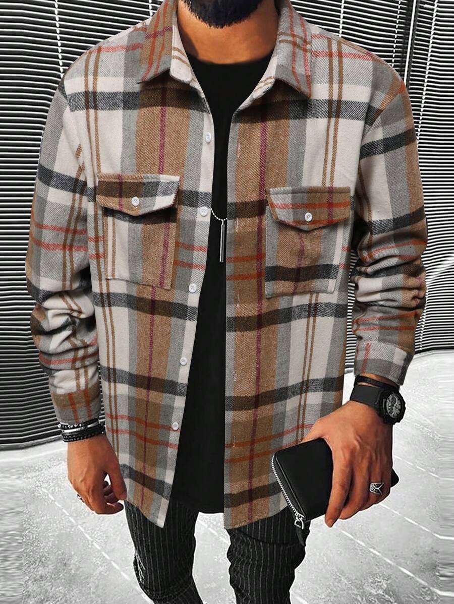 Manfinity EMRG Men's Button-Front Plaid Shirt With Long Sleeves And Pockets, Casual Everyday Wear
