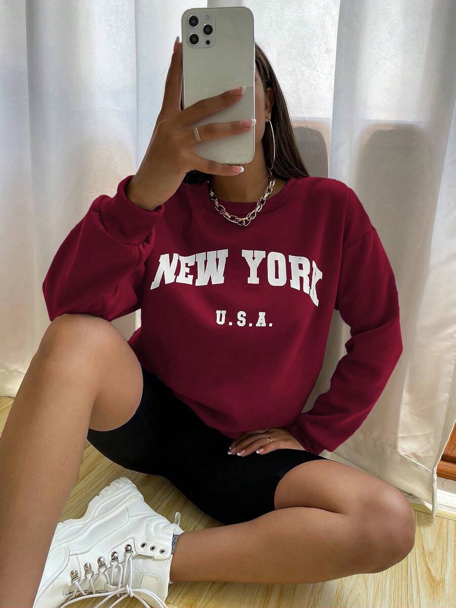 SHEIN Unity Áo nỉ cổ tròn cỡ lớn in chữ thường ngày xuân thu dành cho nữ - Màu Đỏ Sâu - Xem 1