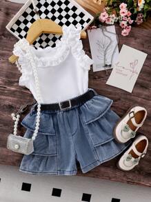 SHEIN 嬰兒女童套裝，白色上衣+丹寧鬆褲短褲 - 藍白色 - 查看 3